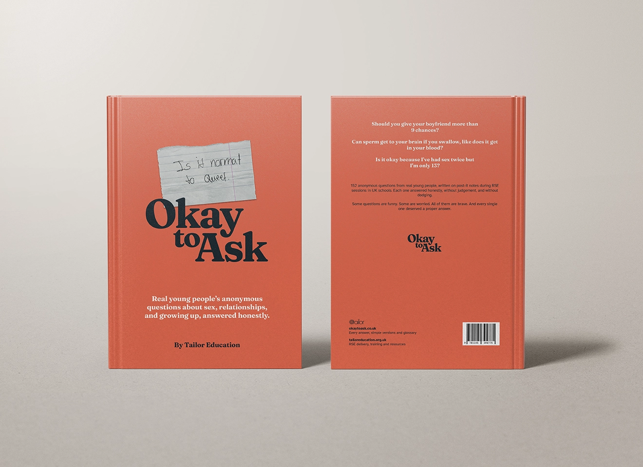 The Okay to Ask book shown front and back, front cover with the wordmark, back cover listing sample questions
