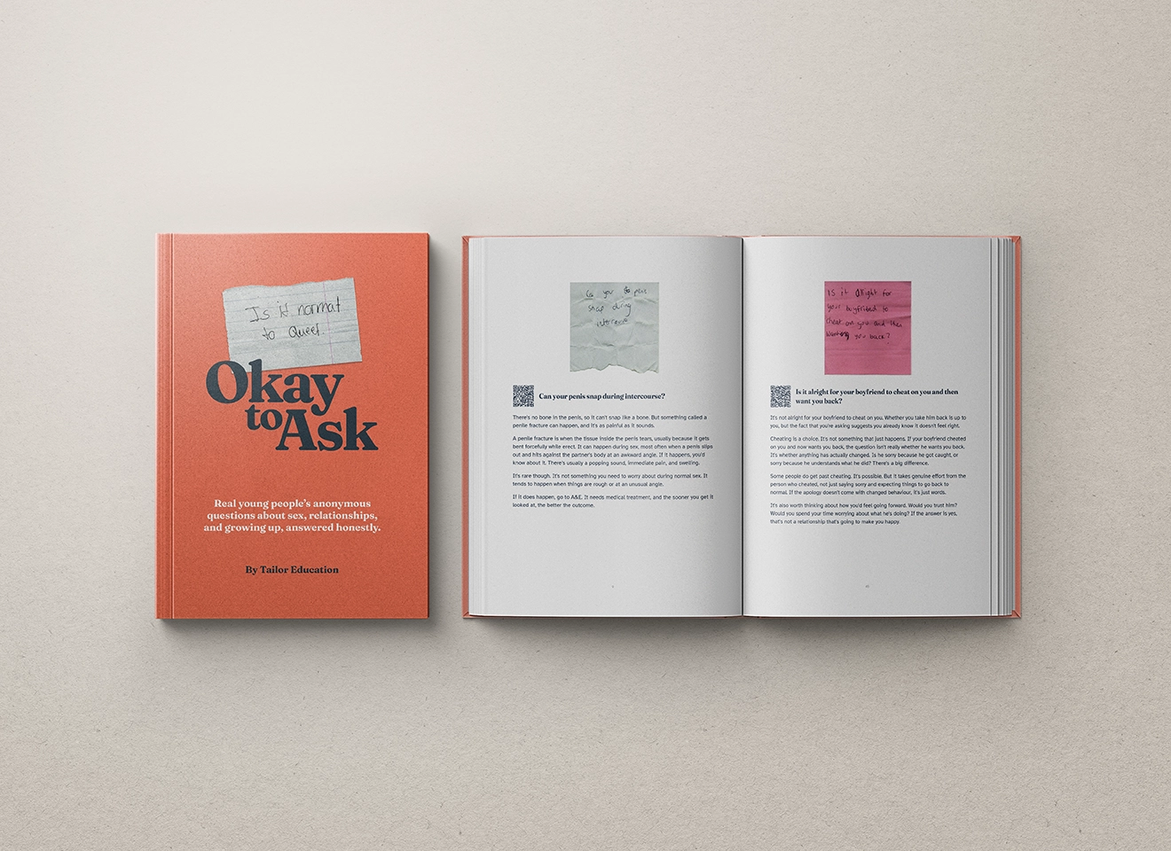 The Okay to Ask book, closed cover and open spread showing post-it questions and honest answers