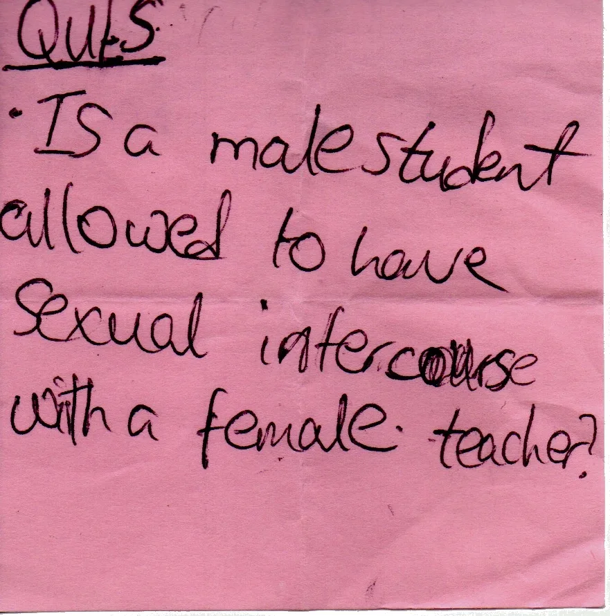 Handwritten question: Is a male student allowed to have sexual intercourse with a female teacher?