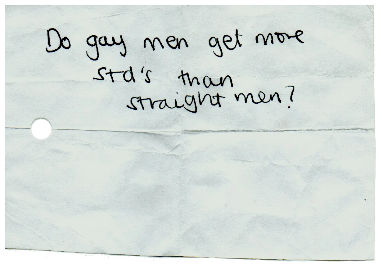 Handwritten question: Do gay men get more STDs than straight men?