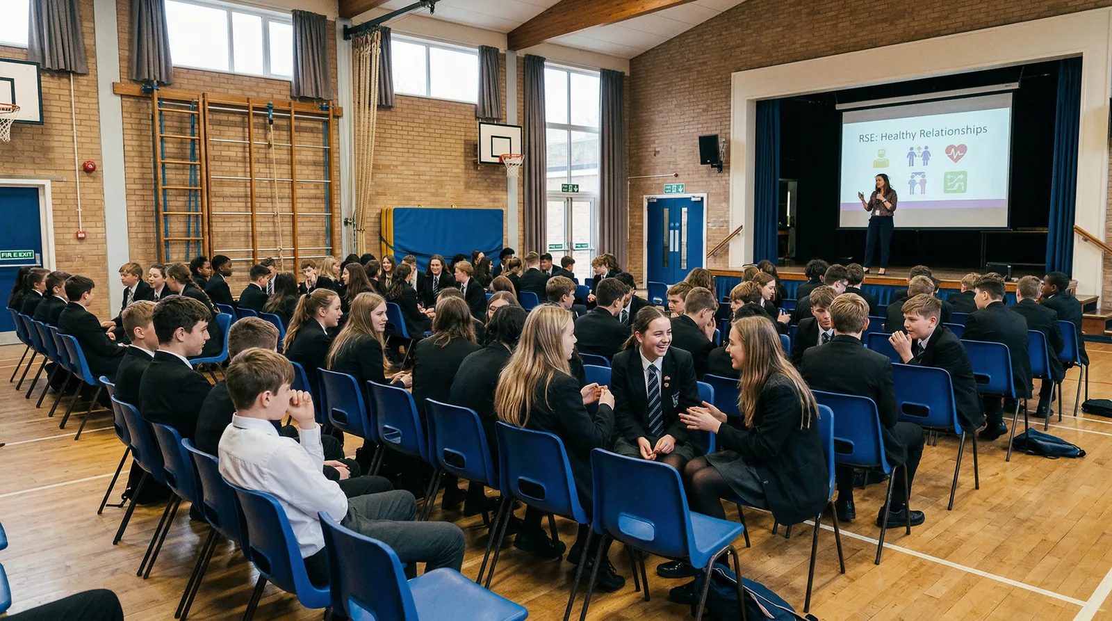 A whole year group gathered in the school hall for a Tailor drop day